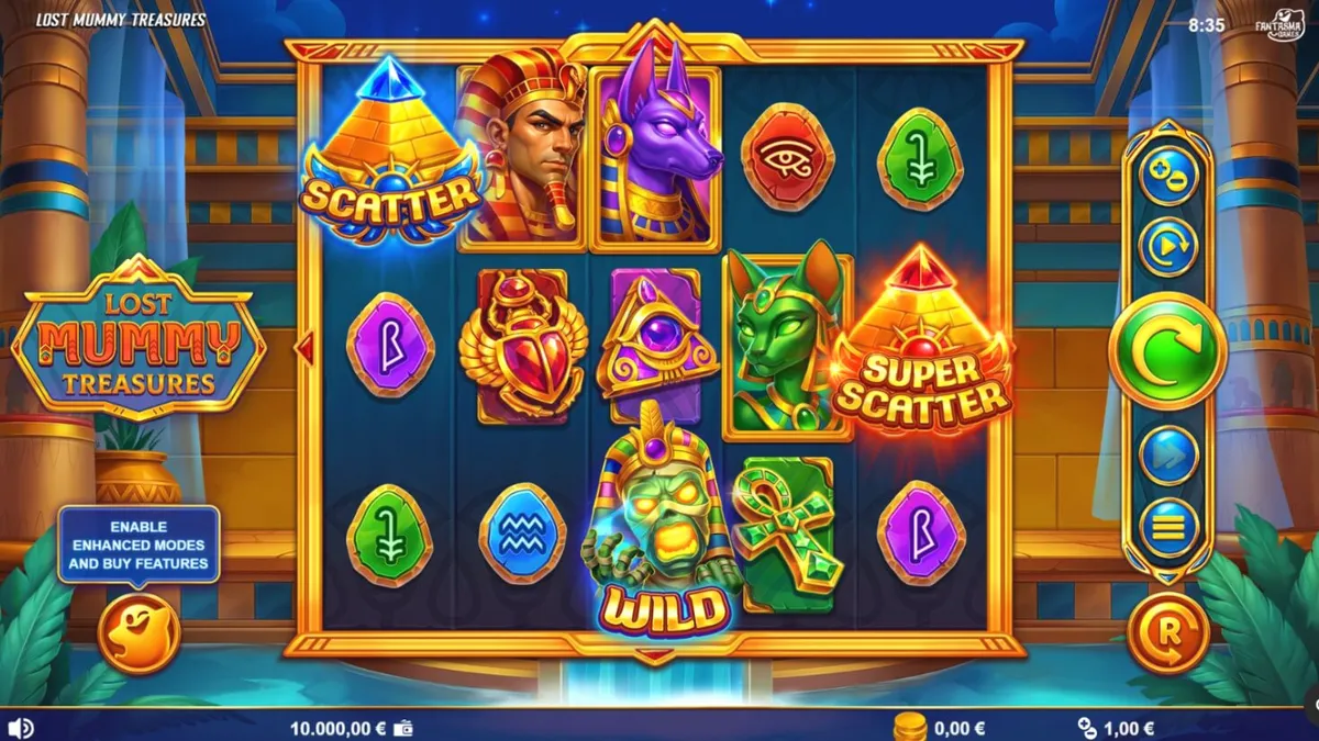 Tampilan visual slot Lost Mummy Treasures dengan simbol dewa Mesir dan kuil bercahaya.