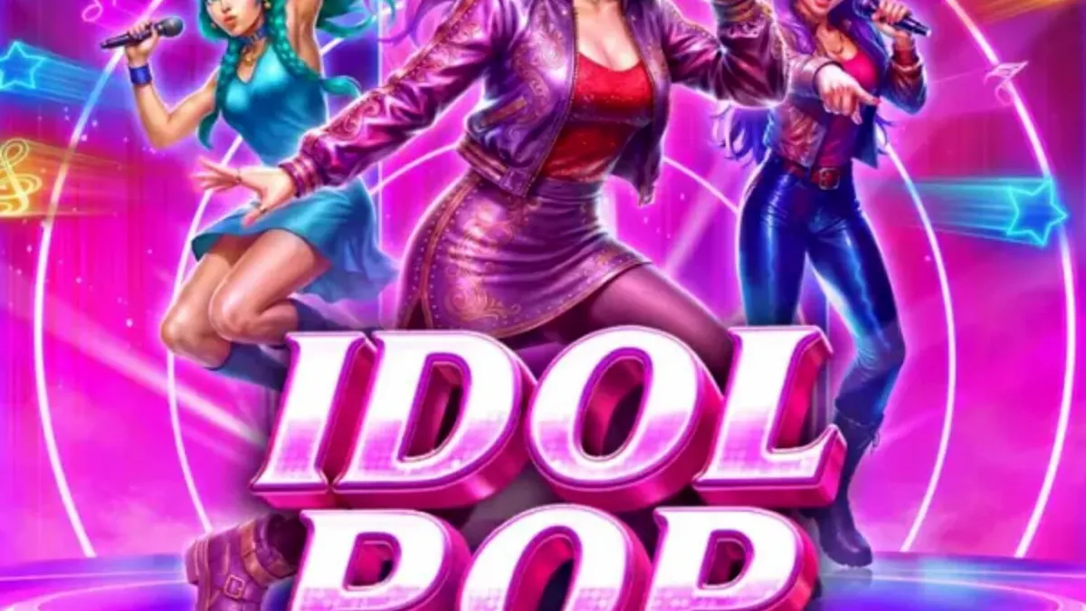 Tampilan layar utama slot Idol Pop Fever dengan karakter anime dan lampu neon panggung.
